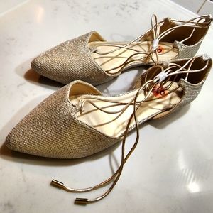 Gold Pointy Toe Ankle Strap Wrap Ballet Lace Up Flat Shoes